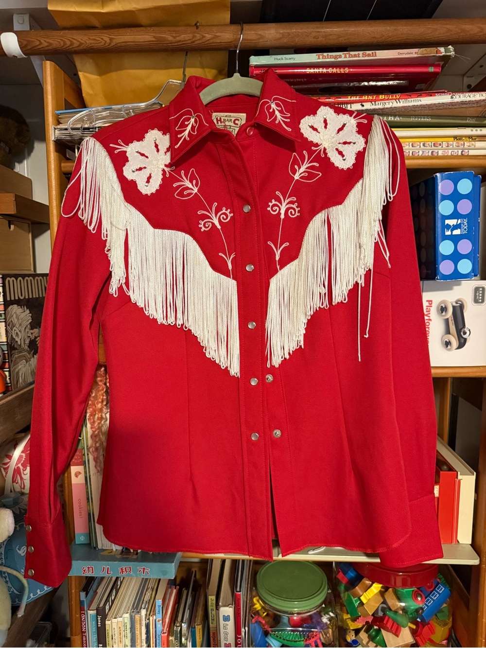Vintage Red Western Fringe Shirt with White Embroidery HBARC